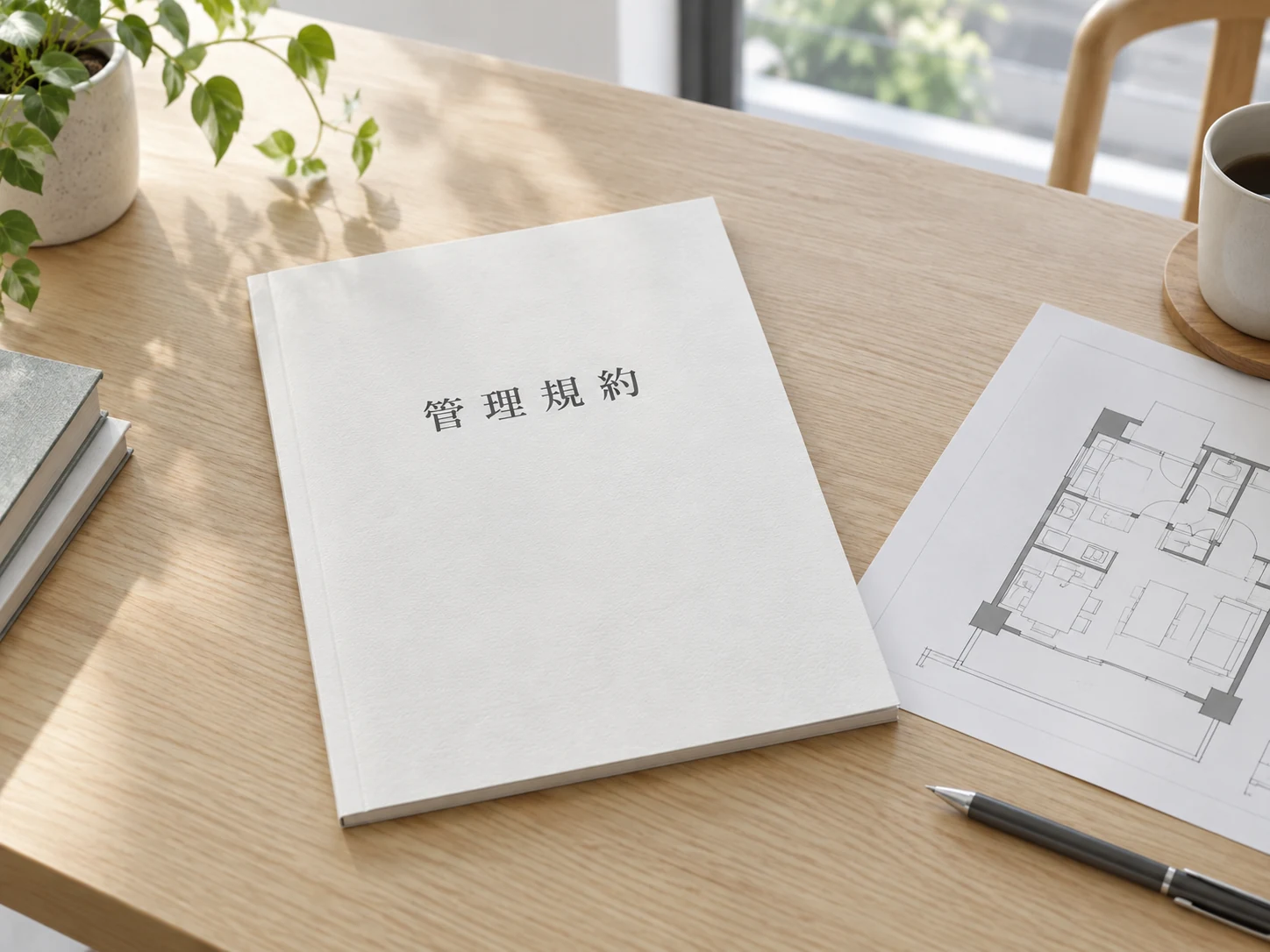 管理規約の冊子と間取り図を並べたテーブル