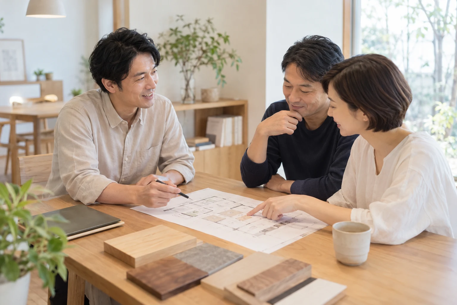 間取り図や素材のサンプルを囲んで、リフォームについて和やかに話す相談風景