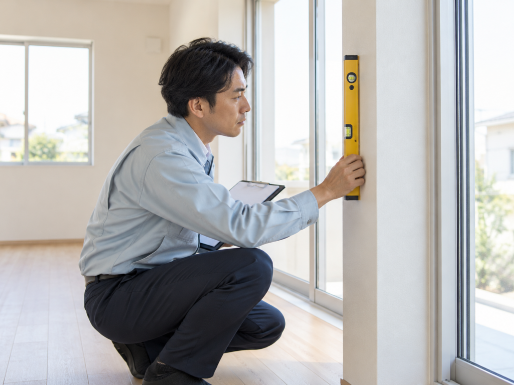 水平器を使って住宅の壁を検査する担当者のイメージ