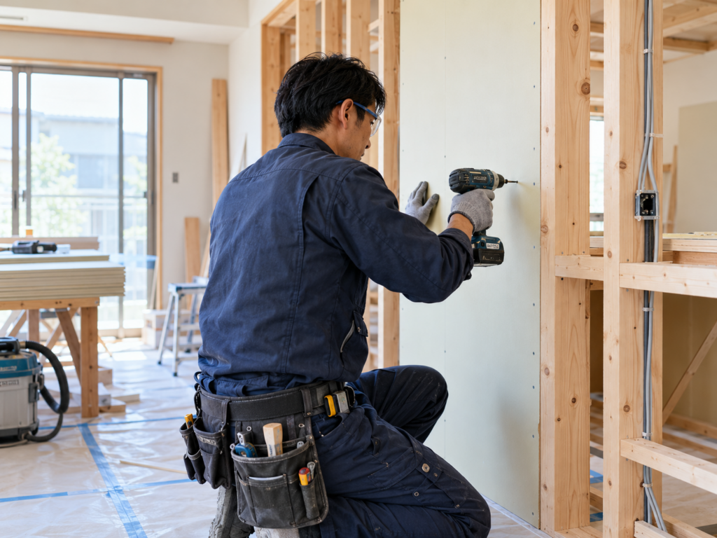 住宅のリフォーム工事で壁を施工する職人のイメージ